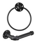 Industrial Black Toilet Paper Holder And Towel Ring Set For Bathroom, Wall Mounted Hardware Kit In Matte Black Iron Finish