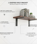 Heavy Duty L Shaped Shelf Brackets Carbon Steel Wall Mount Supports for deep shelves with wooden surface and books
