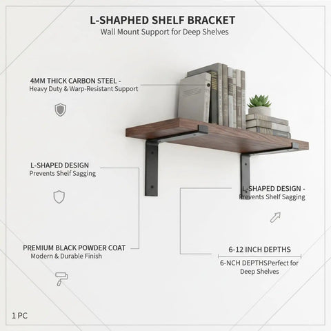 Heavy Duty L Shaped Shelf Brackets Carbon Steel Wall Mount Supports for deep shelves with wooden surface and books