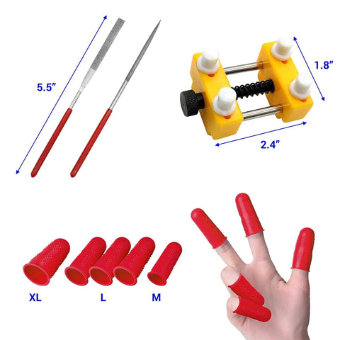 Pin Vise Hand Drill Set With Bench Vise 0.5 To 3mm PCB Mini Twist Drill Bits Includes Five Finger Covers In Three Sizes And Two Diamond Needle Files Great For Crafting Carving And DIYers, showing red finger covers and yellow bench vise.