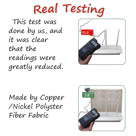 Real testing of Premium Copper Nickel Polyester Faraday Cage WiFi Router Shield Cover 14x16 Inch Radiation Guard showing EMF reduction.