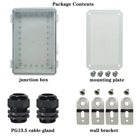IP67 Waterproof Junction Box with Clear Hinged Cover and Stainless Steel Latch, includes mounting plate, wall brackets, and PG13.5 cable glands