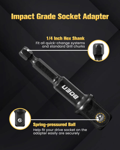 Impact Grade Socket Adapter Set Three-Piece With Bit Holder One Quarter Inch Three Eighths Inch SAE Hex Shank Chrome Vanadium Steel