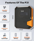 Straight Up Heavy Duty Portable Bluetooth Labeler Built For Job Sites With Thermal Transfer Head features with dimensions, print head, and battery info.