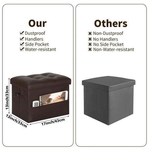 Comparison of Leather Storage Ottoman Foot Rest Stool 17x13x13 Inches with Foldable Design against standard ottoman.