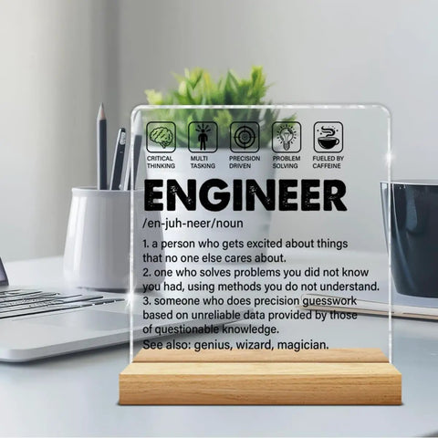 Engineer Gift For Men Dope Engineering Desk Decor Engineer Definition Clear Acrylic Sign For Home Office Decor 4 By 4 Inch Ideal Birthday Gift Idea Gift For Engineers on wooden stand at desk
