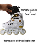 Light Up Inline Skates With Adjustable Fit For Kids And Adults showing memory foam liner, pearl mesh, and aluminum frame
