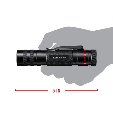 Hella Bright 1000 Lumen Rechargeable LED Flashlight With Twist Focus shown in hand for size reference, 5 inches long.