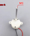 Top view of DC Gear Motor 3-9V Slow Speed 2.5-11 RPM, white plastic gearbox housing with metal shaft marked M3, wires attached