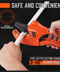 2-1/2 Inch Ratchet PVC Pipe Cutter for PEX PVC PPR and Plastic Hoses with SK5 Steel Blades in use, cutting a white pipe