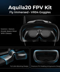 Aquila20 FPV Kit VR04 Goggles showing size and design features for glasses compatibility, light-blocking, and ergonomic padding.