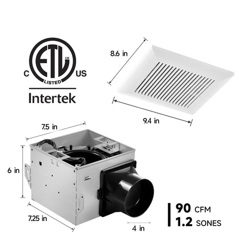 90 CFM Very Quiet Bathroom Exhaust Fan With 1.2 Sone Noise And 4 Inch Duct No Attic Access Needed Easy Ceiling Mount Install White ETL Certified Ventilation Fan with dimensions and parts shown.