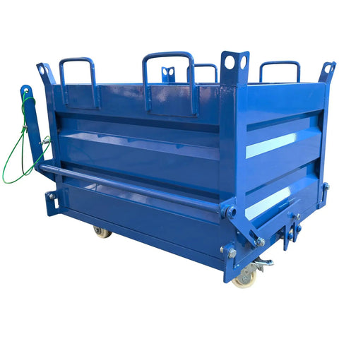 Heavy Duty 2200 Lb Self Dumping Hopper For Forklift And Manual Operation Rock Solid Steel Frame Industrial Material Cart, blue color, front view.