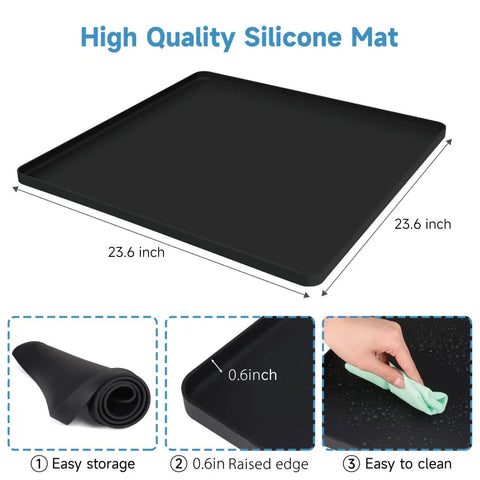 24 Inch Heavy Duty Silicone Appliance Floor Mat With Raised Edges Zero Spill Washing Machine Leakage Catcher Tray in black.