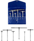 QWORK telescoping bore gauge set, 6 pcs, blue roll case; 5/16"–6" range, chrome-plated steel T-handle gauges.