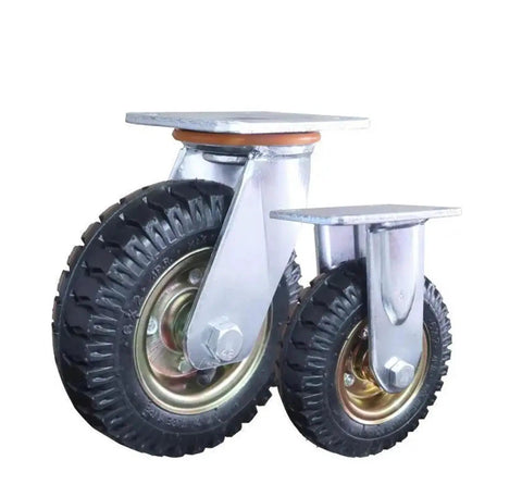Eight Inch Pneumatic Caster Wheel Equipped With Silent Rubber Tires For Flatbed Trolley Replacement, featuring two wheels with shock-absorbing tires.