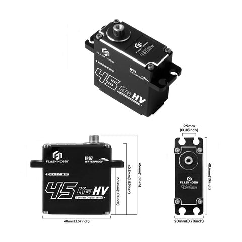 Heavy Duty Waterproof Coreless RC Servo 45Kg Torque 0.11 To 0.12 Seconds At 8.4V Digital Servo With Aluminum Case dimensions