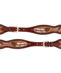 Turquoise Cross Coco Feather Mens Spur Straps With Chestnut Leather Hand Painted Feather Details Genuine Cowhide And Non Rust Stainless Steel Hardware Rugged Western Tack.