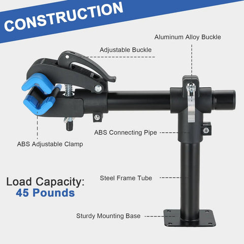Bike Repair Wall Mount Stand With Adjustable Clamp For Road And Mountain Bikes Heavy Duty Bicycle Rack Hanger For Garage Or Home Workshop Sturdy Wall Mount Workstand For Easy Maintenance And Quick Repairs illustrating construction materials like ABS, aluminum alloy buckle and steel frame tube