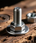 Front view of stainless steel M5 bolt with flat washer and nut on wooden surface.