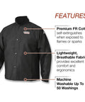 Premium Flame Resistant Cotton Welding Jacket For Comfort And Safety Black Medium Size with features text overlay
