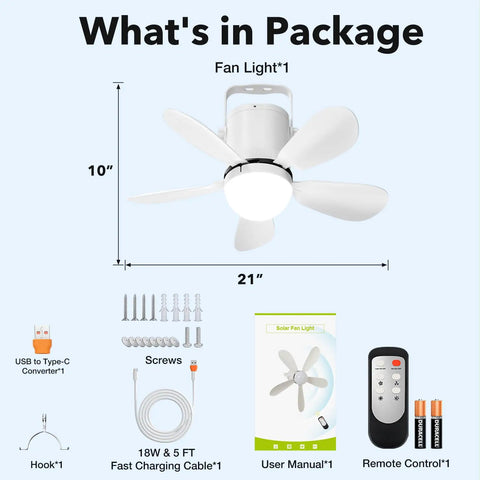 Battery Operated 21 Inch Ceiling Fan Light With Remote For Outdoor Use Portable Rechargeable Camping Gazebo Ceiling Fan packaging