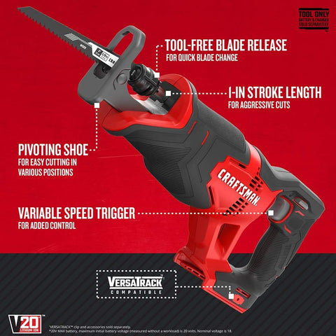 V20 Cordless Reciprocating Saw Bare Tool With 1-Inch Stroke, 0-3,000 RPM Variable Speed Trigger, Tool-Free Blade Release