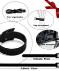 Black cable ties for cord organization and curtain tidiness with measurements shown, featuring uses in cable management.