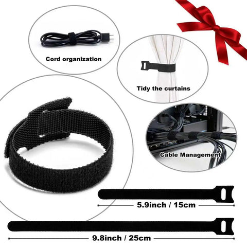 Black cable ties for cord organization and curtain tidiness with measurements shown, featuring uses in cable management.