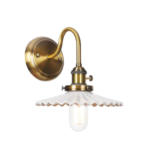 Nordic Ceramic Gold Wall Sconce With On Off Switch Reading Light Fixture, scalloped ceramic shade, vintage brass mount.
