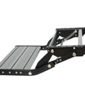 RV Camper Folding Drop Down Step For Easy Under Door Mounting 12 Mount Holes Single Drop Down Stair, aluminum, black, folded view