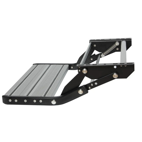 RV Camper Folding Drop Down Step For Easy Under Door Mounting 12 Mount Holes Single Drop Down Stair, aluminum, black, folded view
