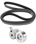 Heavy Duty Serpentine Drive Belt Kit With Accessory Drive Belt Tensioner And One Replaceable Belt For Engine Runs Smooth As Butter No More Squealing Guaranteed Durable Parts Fit Like Oem Easy Fit For Your Ride Save Money Reliable All Time. belt and tensioner kit on white background