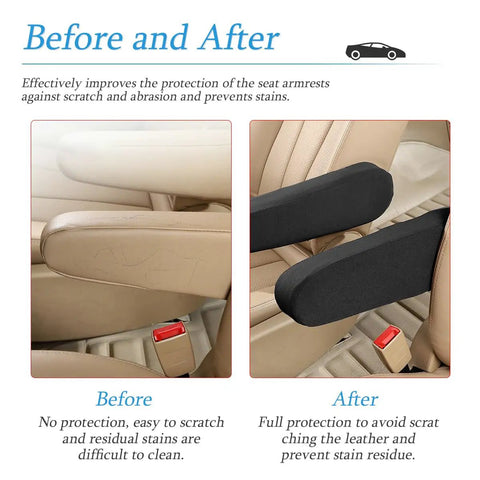 Before and after of 2 Pack Front Seat Armrest Covers Cloth Fabric Protector For Center Console Lid No Fuss Slip On Fit For Cars SUVs Trucks And Vans Universal Armrest Shield Keeps Your Armrests Clean Soft Durable Stretch Material.