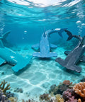 Three colorful 2.4G Remote Control Hammerhead Shark RC Toy With Water Spray Diving And Tail Swing Action 6.7 Inch Bionic Shark Models in water