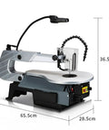 Professional Desktop Scroll Saw With Tiltable Metal Work Table Bright Led Lamp And Quick Speed Adjustments For Killer Curve Cuts Across Wood Plastic And Thin Sheet Metal Projects showing dimensions and design features.