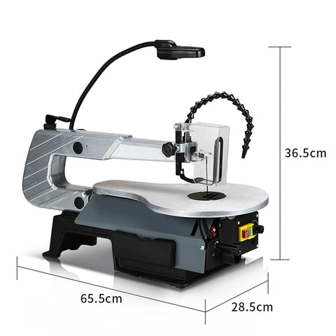 Professional Desktop Scroll Saw With Tiltable Metal Work Table Bright Led Lamp And Quick Speed Adjustments For Killer Curve Cuts Across Wood Plastic And Thin Sheet Metal Projects showing dimensions and design features.
