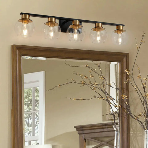 Black Gold 5 Light Vanity Light Fixture With Globe Glass Shades Over Mirror Wall Sconce E26 Base Mid Century Modern Design