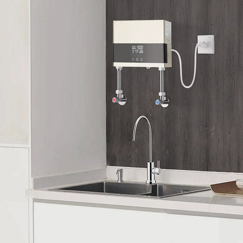 No Fuss Electric Tankless Water Heater Delivers Instant Hot Water On Demand with digital controls mounted in a kitchen.