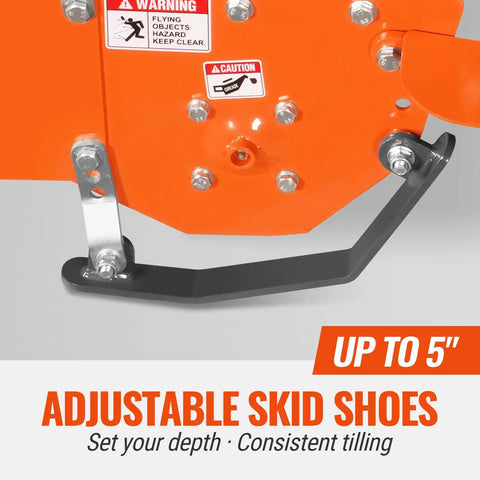Close-up of adjustable skid shoes on 48 Inch Tractor Rotary Tiller Attachment For 3 Point Cat 1 Hitch Chain Drive PTO Shaft Included With Shear Bolt