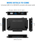 3 In 1 Universal Hard Drive Adapter For 2.5 And 3.5 Inch SATA IDE HDD SSD To USB 3.0 Reader, Up To 5Gbps, Fast Data Transfer, Backup And Recovery, Dual Head IDE 40 44 Pin, Supports CD DVD Optical Drives. Universal USB 3.0 to IDE/SATA converter shown with switch and ports