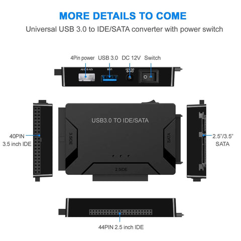 3 In 1 Universal Hard Drive Adapter For 2.5 And 3.5 Inch SATA IDE HDD SSD To USB 3.0 Reader, Up To 5Gbps, Fast Data Transfer, Backup And Recovery, Dual Head IDE 40 44 Pin, Supports CD DVD Optical Drives. Universal USB 3.0 to IDE/SATA converter shown with switch and ports