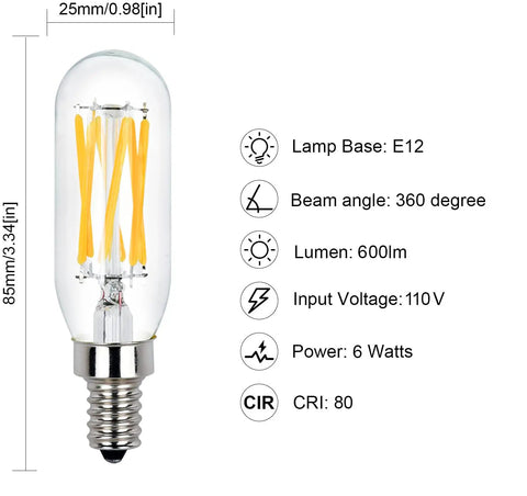 T8 LED Bulb With E12 Dimmable Base 110V 600 Lumens 3000K Dope Warm White 60W Equivalent Clear Glass Tubular Light Bulb Incandescent Replacement For Candelabra Fixtures 10 Pack shown with specifications and dimensions.