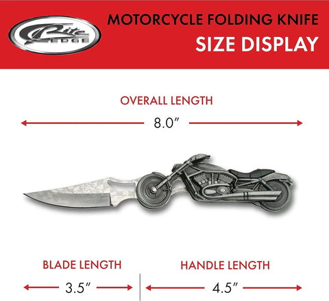 Motorcycle Style Folding Knife With 4.75 Inch Etched Stainless Blade Cast Metal Bike Handle Built In LED Light