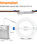 Dimensions of 48 Pack 6 Inch Led Recessed Lights With Night Light, showing hole cutout size and fixture measurements.
