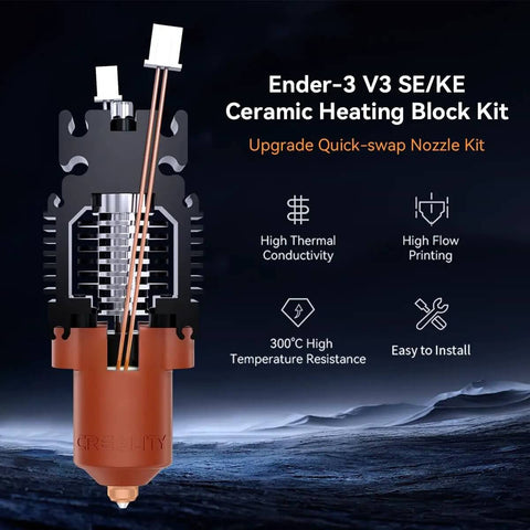 Image of Ender 3 V3 SE KE Hotend Upgrade Kit With Ceramic Heating Block And Quick Swap Nozzle, highlighting features.