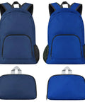 Two-Pack Lightweight Foldable Backpack Set Water-Resistant Packable 20L Travel Hiking Bags Navy Blue and Royal Blue shown folded and unfolded.