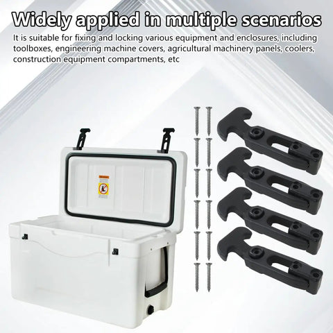 Go-To T Handle Rubber Latch Set Four Pack for Boat Hatch Toolbox with screws beside white toolbox lid