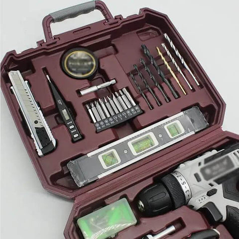 Top Shelf 12V Lithium Cordless Drill Power Tool Set With 58 Pcs Heavy Duty Carbon Steel Bits And Metric Screwdriver Bits in case.