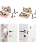 Heavy Duty Adjustable Ball Door Catches 2 Pack With Brass Roller Latch showing components and installation on cabinet door.